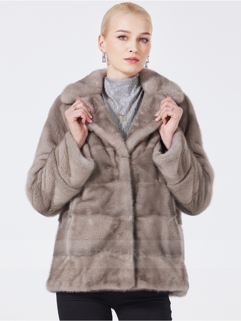 Cropped Length Real Mink Fur Women Jacket Silver Blue Stand Collar
