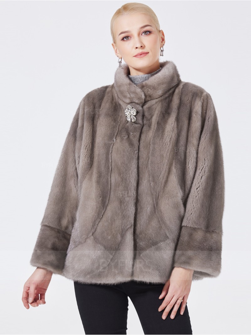 Cropped Length Real Mink Fur Jacket Female Stand Collar Silver Blue