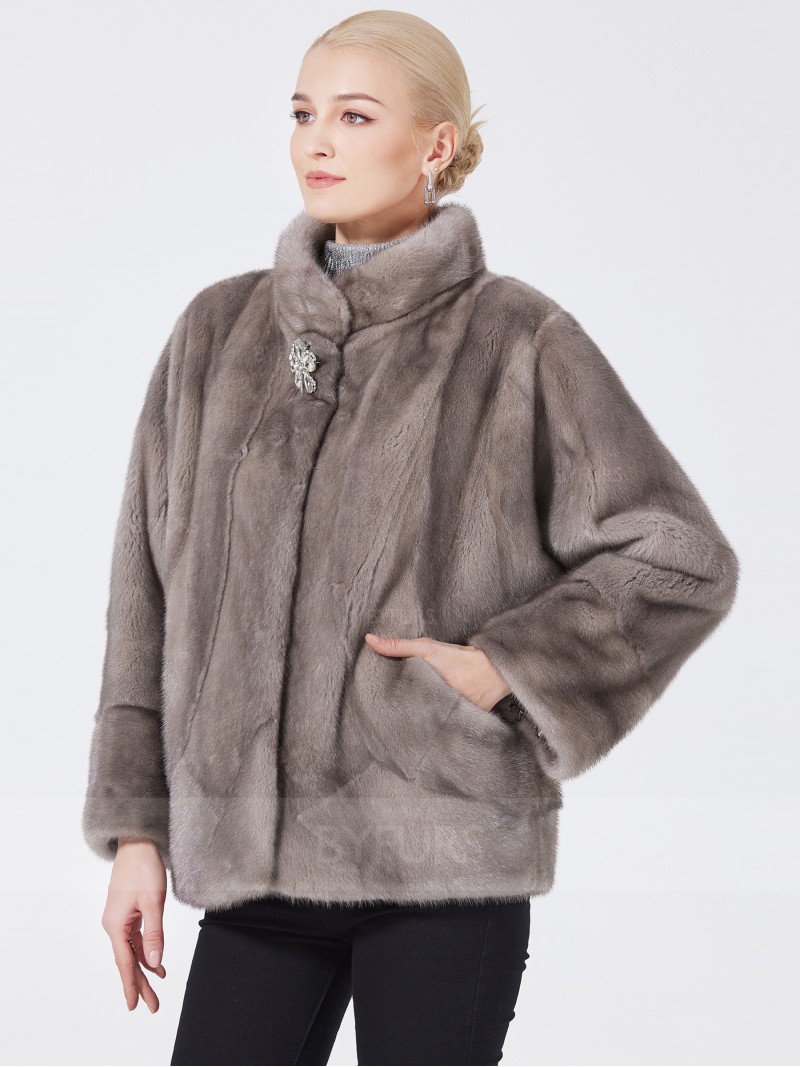 Cropped Length Real Mink Fur Jacket Female Stand Collar Silver Blue