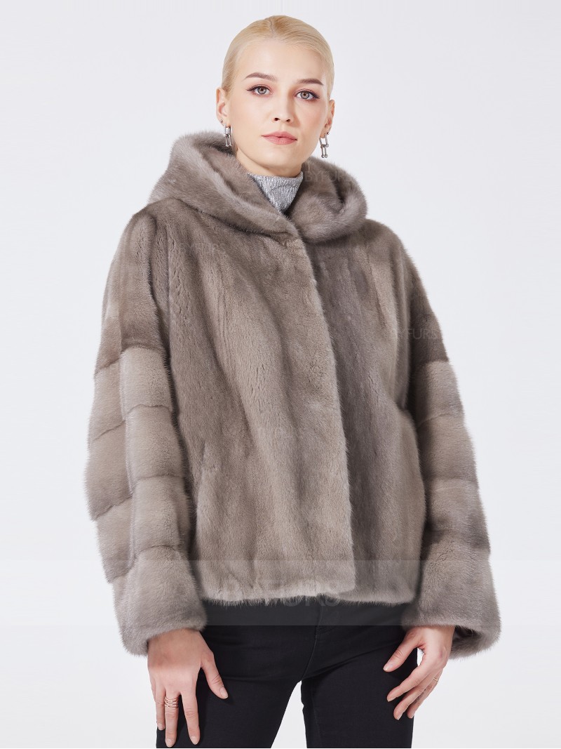 Cropped Length Real Mink Fur Female Jacket Silver Blue with Hood