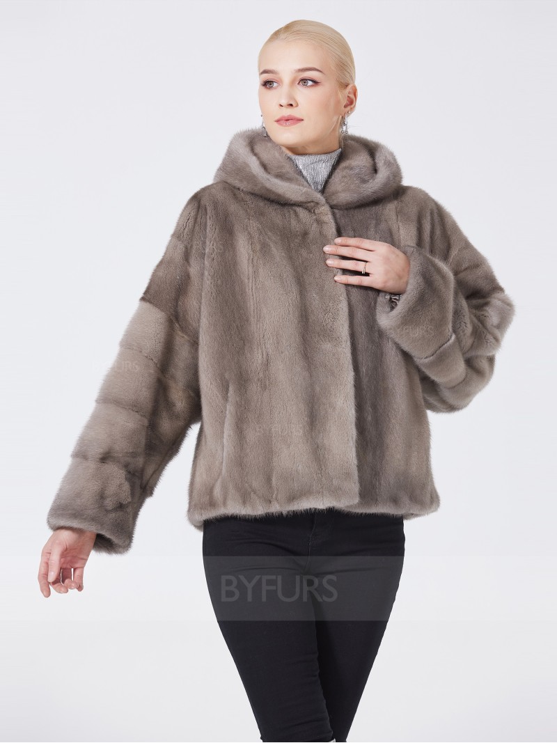 Cropped Length Real Mink Fur Female Jacket Silver Blue with Hood