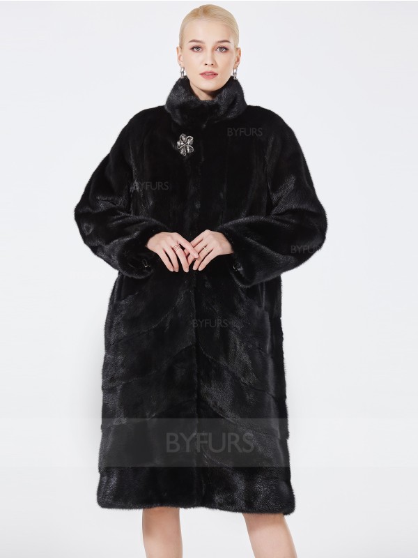Knee Length Black Female Real Mink Fur Coat Stand Collar