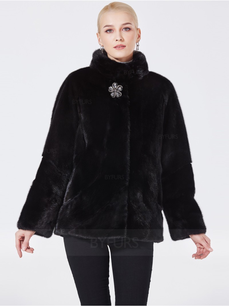 Cropped Length Real Mink Fur Jacket Black Stand Collar with Corsage