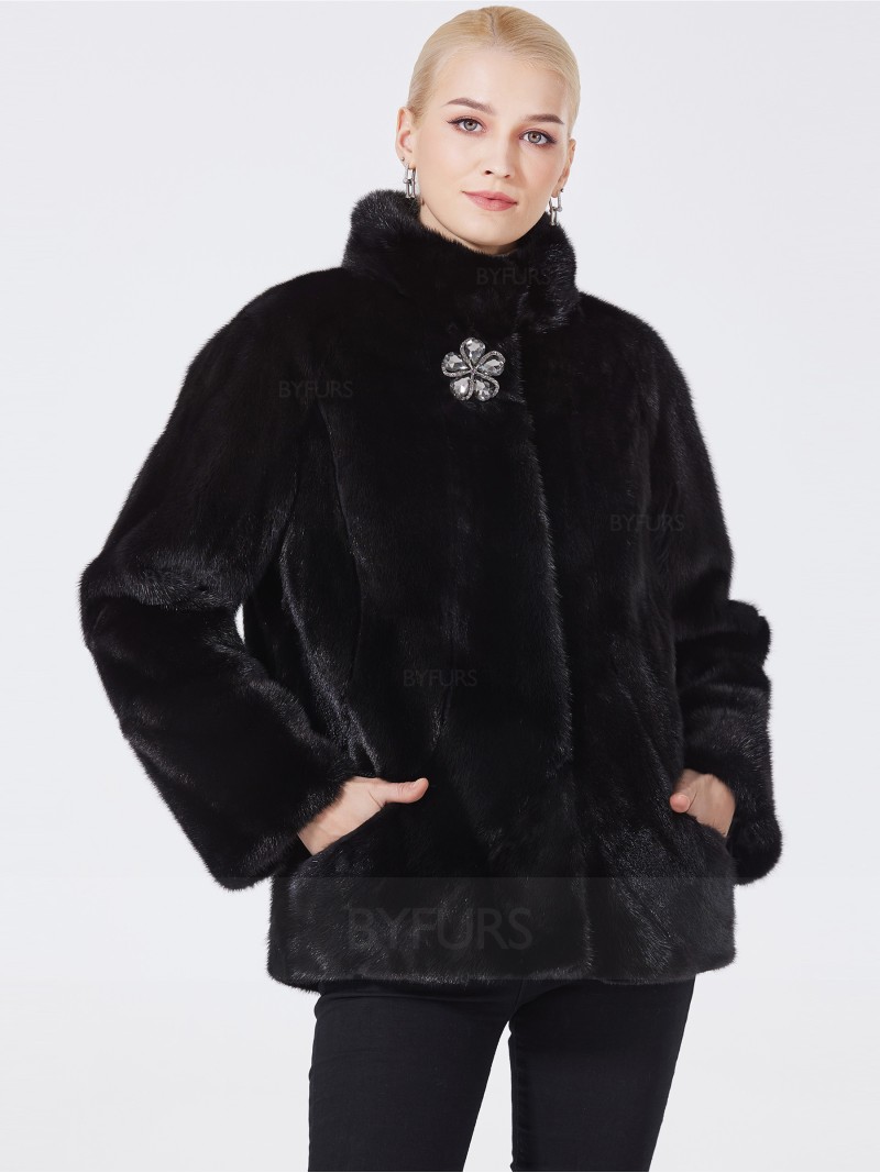 Cropped Length Real Mink Fur Jacket Black Stand Collar with Corsage