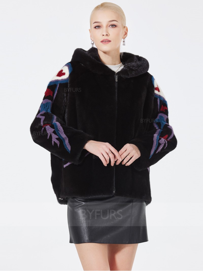 Cropped Length Real Mink Fur Black Jacket Female with Hood