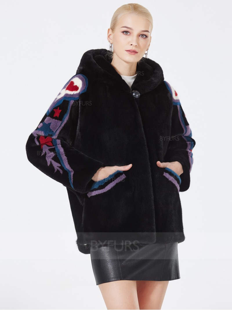 Hip Length Women Black Mink Fur Jacket with Hood