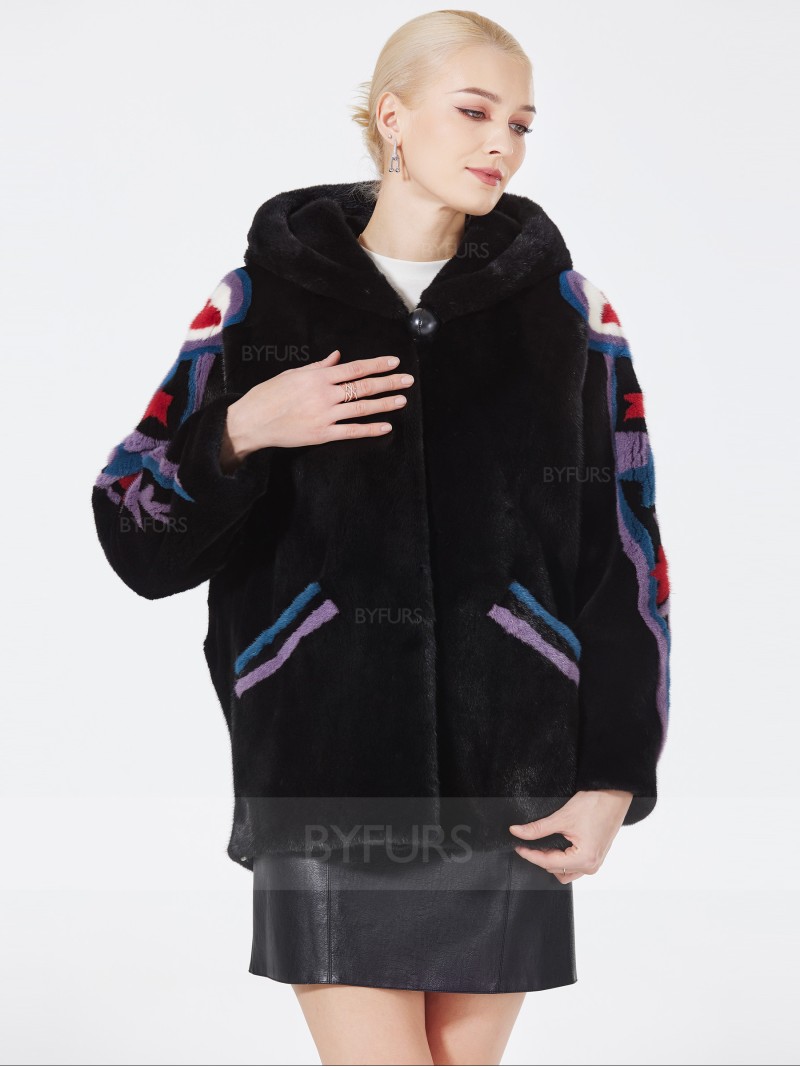 Hip Length Women Black Mink Fur Jacket with Hood