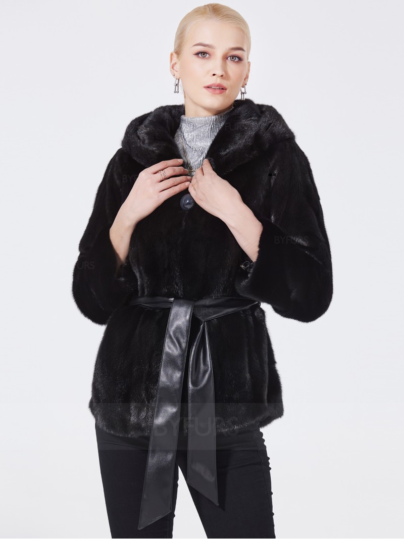 Hip Length Mink Fur Black Jacket Women with Shawl Hat