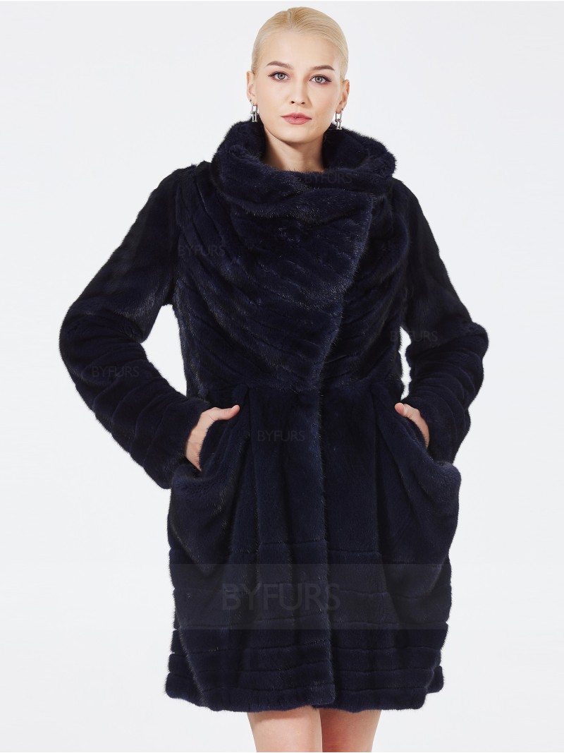 Mid-Length Mink Fur Coat Blue Square Collar with Pockets