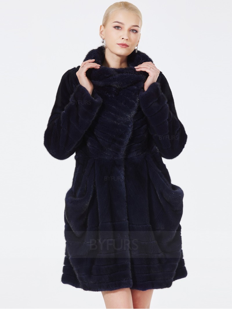 Mid-Length Mink Fur Coat Blue Square Collar with Pockets