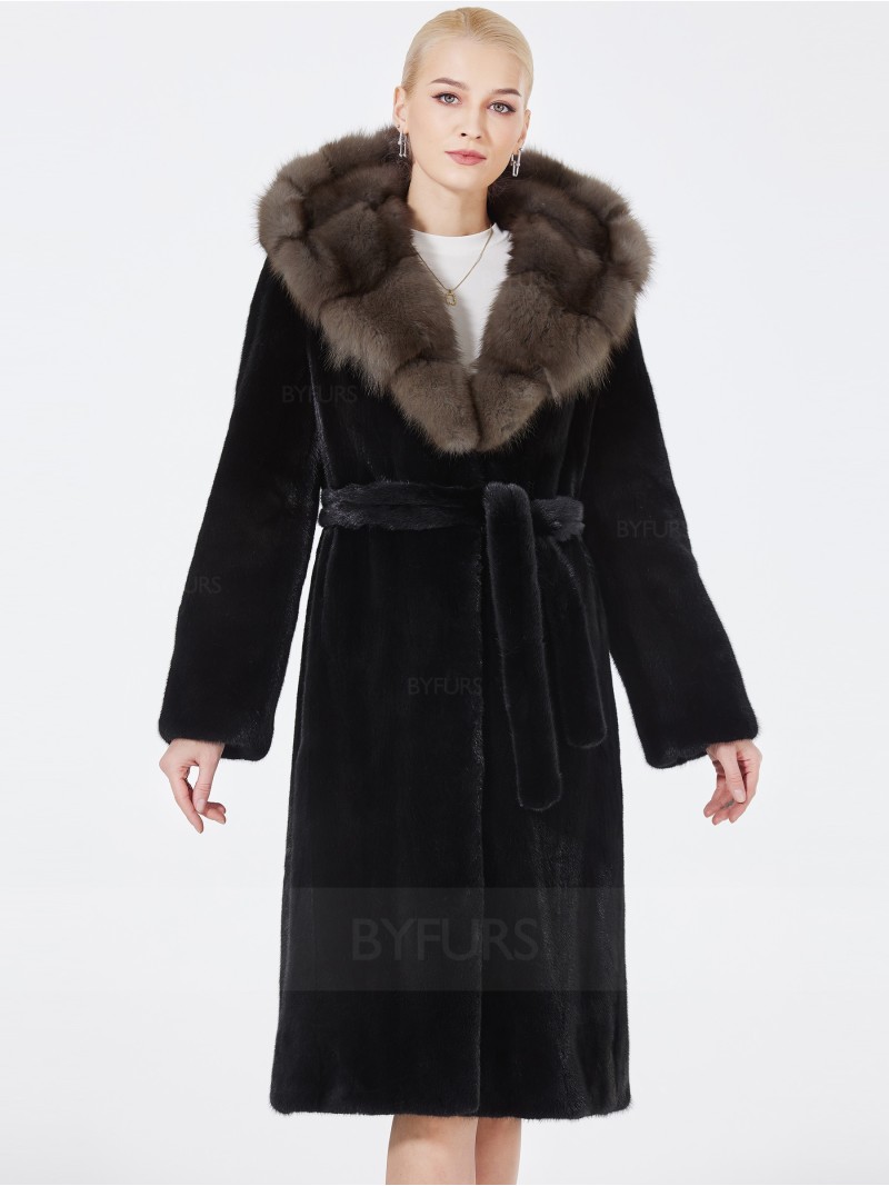 Knee Length Real Mink Fur Women Coat Black with Shawl Hat