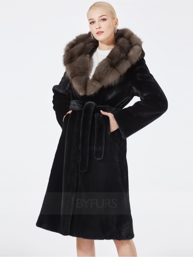 Knee Length Real Mink Fur Women Coat Black with Shawl Hat