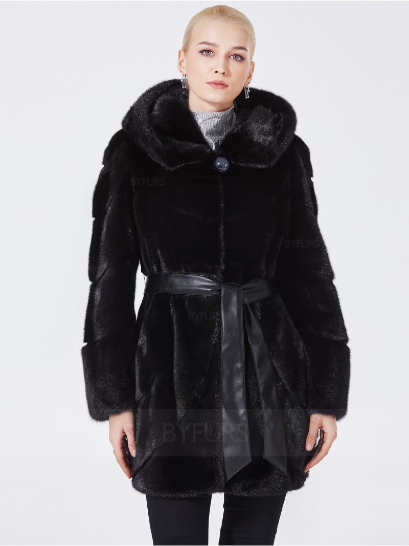 Mid-Length Real Mink Fur Women Black Coat Square Hat