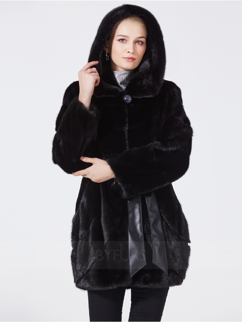 Mid-Length Real Mink Fur Women Black Coat Square Hat
