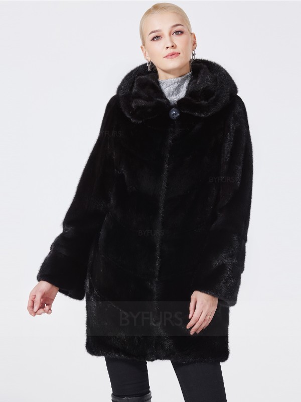 Mid-Length Real Mink Fur Women Coat Black with Hood Pockets