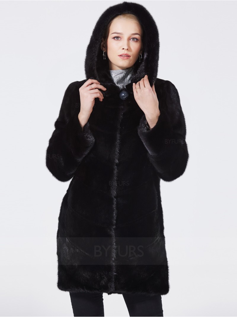 Mid-Length Real Mink Fur Women Coat Black with Hood Pockets