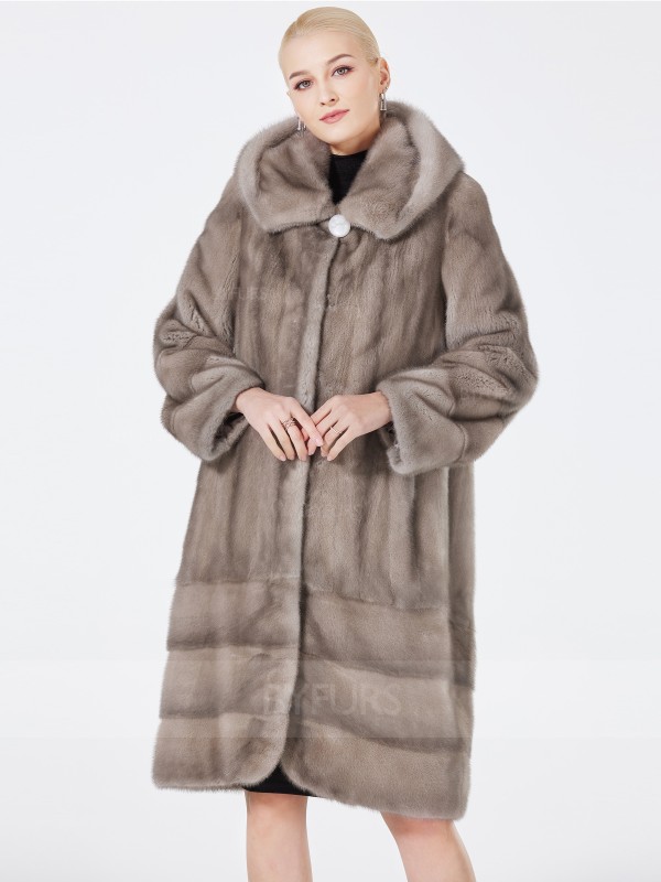 Knee Length Women Silver Blue Mink Fur Coat with Hood