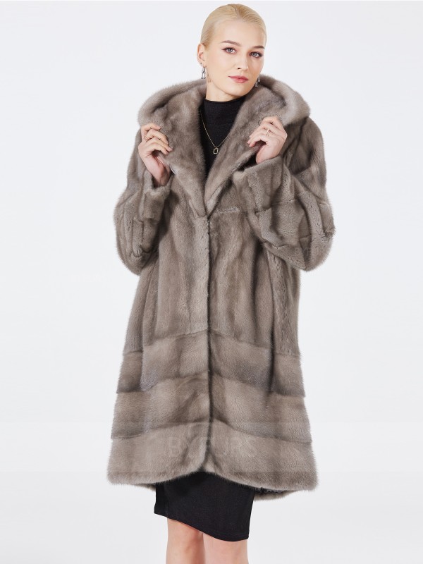 Mid-Length Real Mink Fur Coat Silver Blue with Shawl Hat