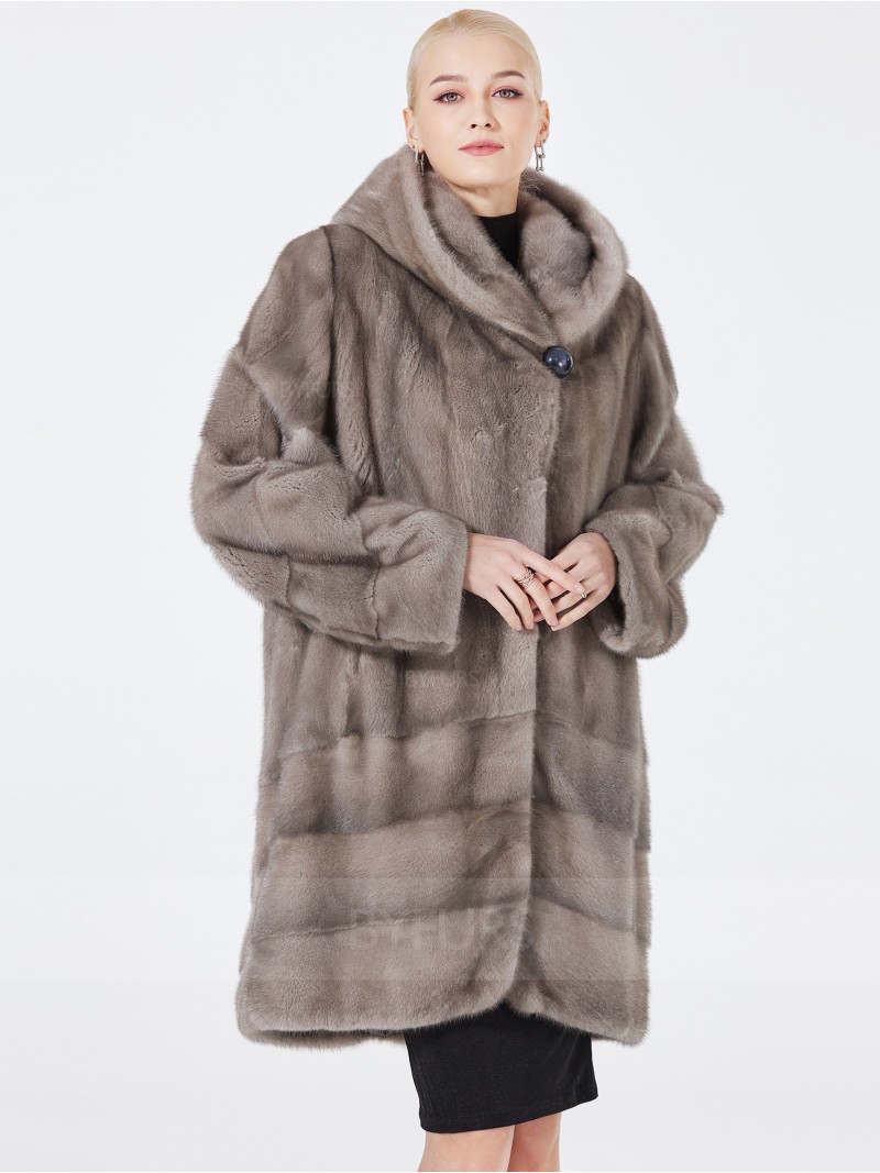 Mid-Length Real Mink Fur Coat Silver Blue with Shawl Hat