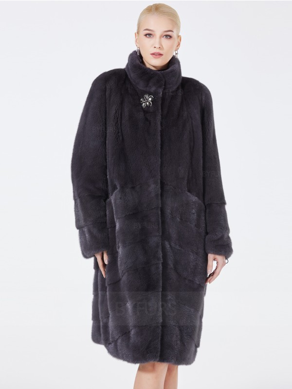 Knee Length Mink Fur Coat Female Gray Stand Collar with Pockets