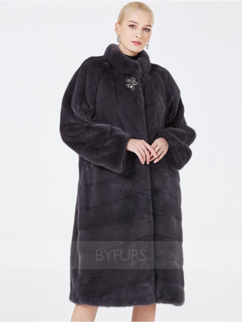 Knee Length Women Real Mink Fur Coat Gray Stand Collar
