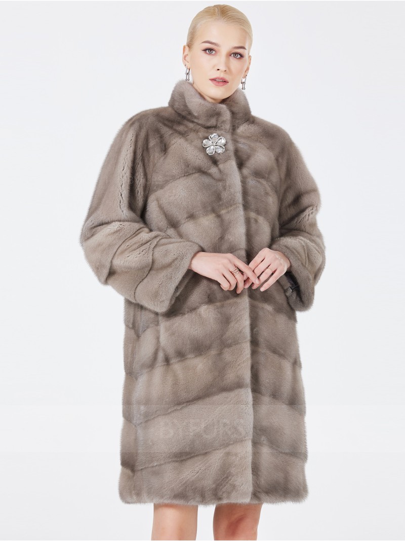 Knee Length Real Mink Fur Coat Female Silver Blue Stand Collar