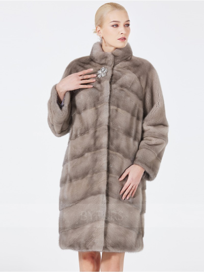 Knee Length Real Mink Fur Coat Female Silver Blue Stand Collar
