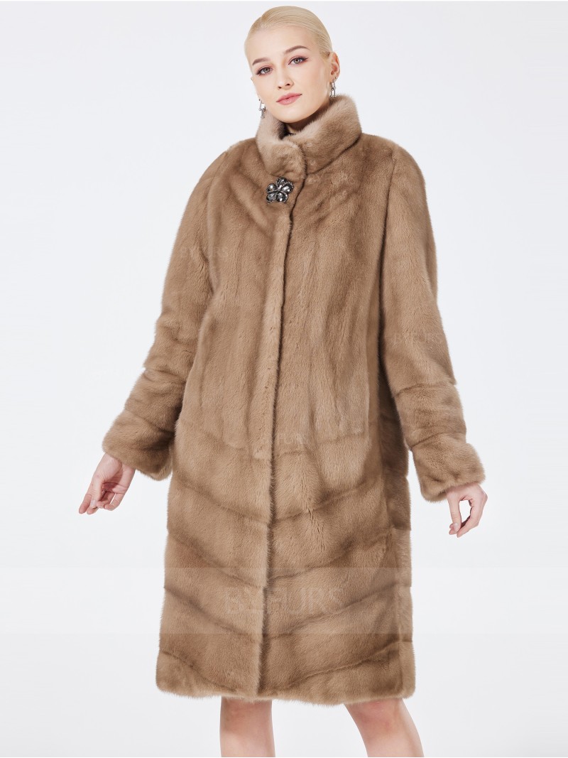 Knee Length Women Mink Fur Coat Stand Collar with Pockets