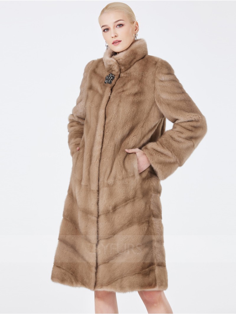 Knee Length Women Mink Fur Coat Stand Collar with Pockets