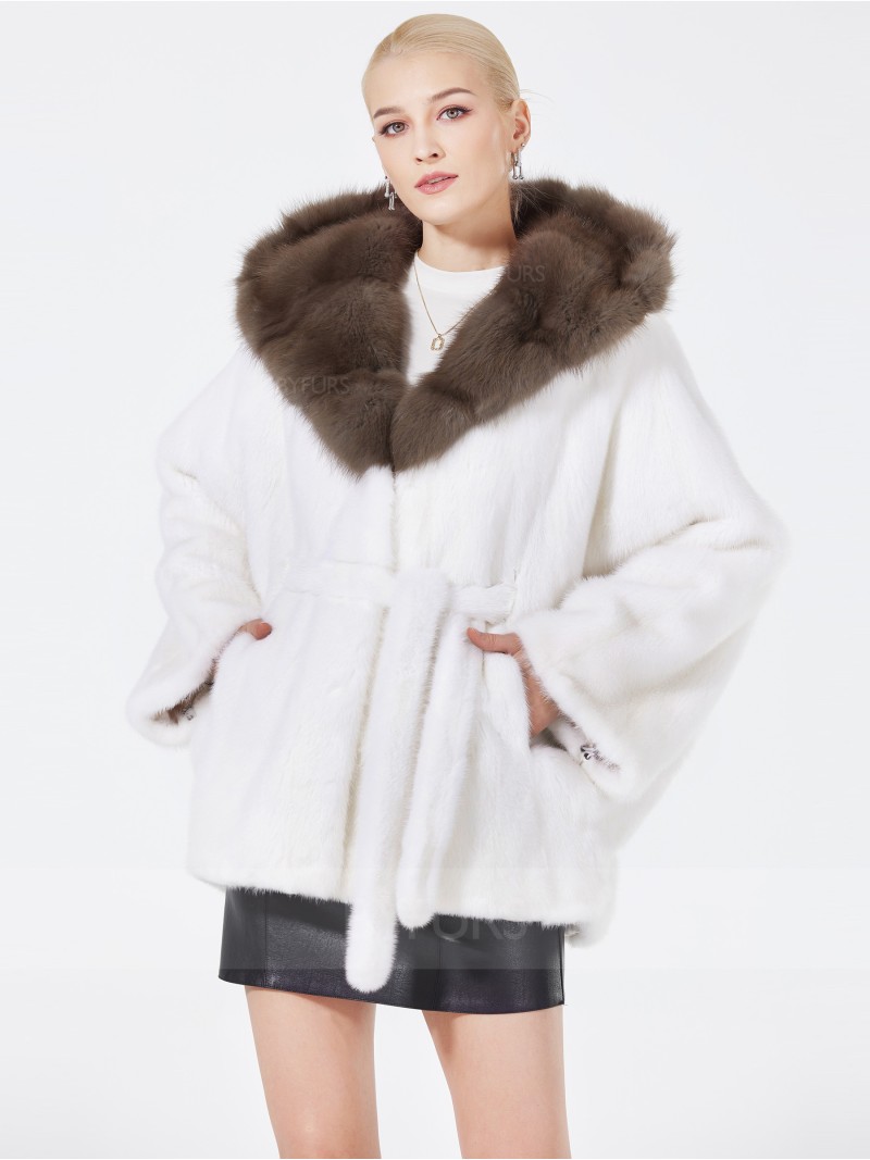 Hip Length Mink Fur Jacket Women White with Shawl Hat