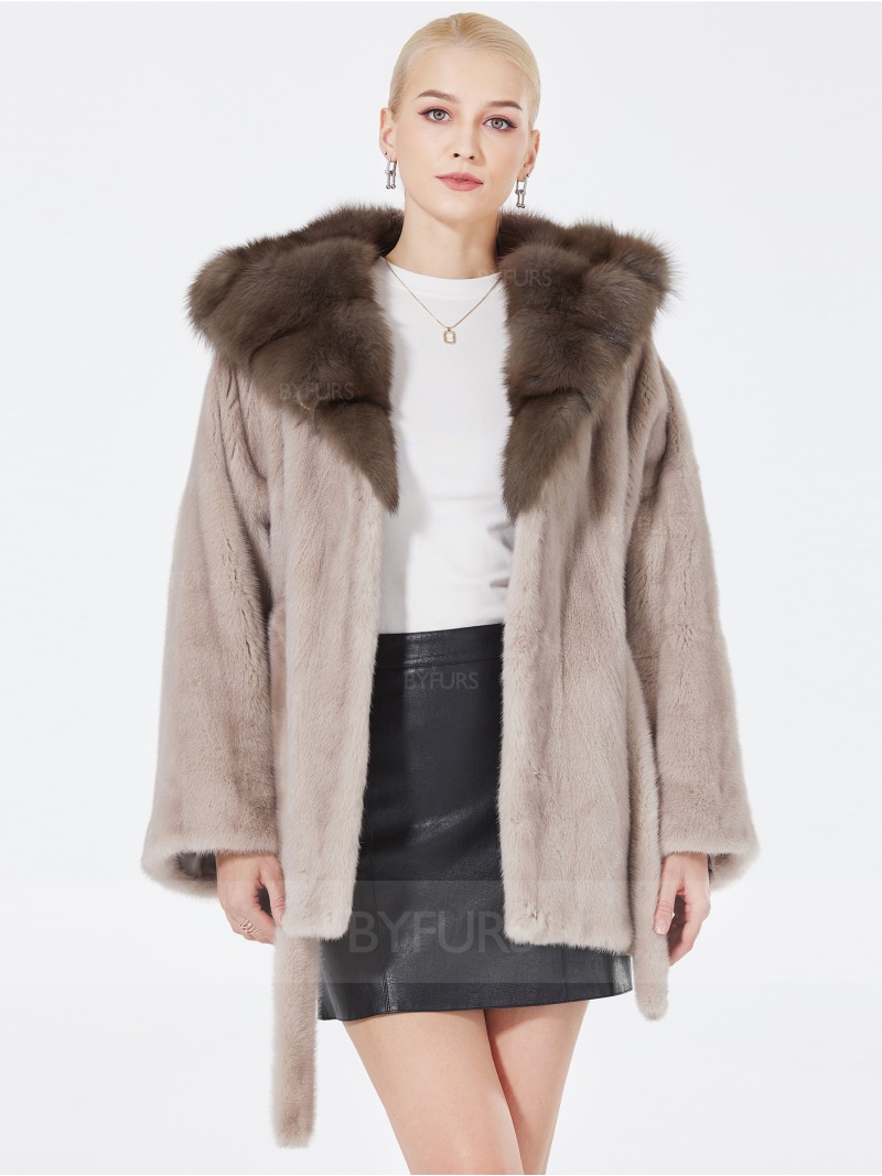 Hip Length Real Mink Fur Jacket Female with Shawl Hat Girdle