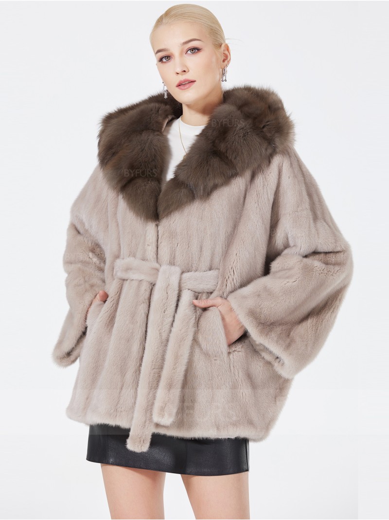 Hip Length Real Mink Fur Jacket Female with Shawl Hat Girdle