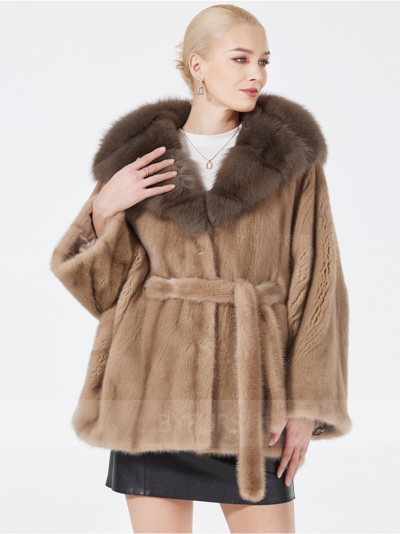 Hip Length Women Mink Fur Jacket with Girdle Shawl Hat