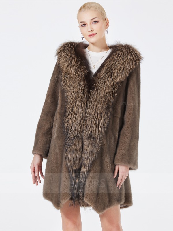 Knee Length Real Mink Fur Coat Female with Fox Fur Collar