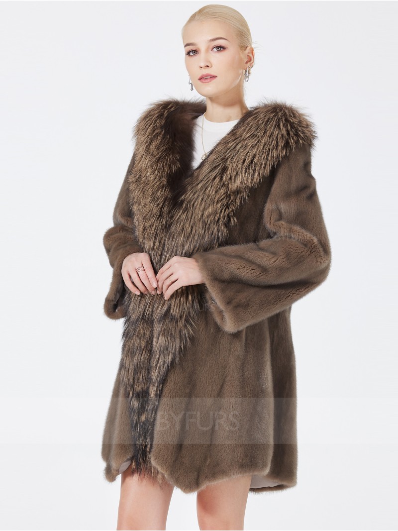 Knee Length Real Mink Fur Coat Female with Fox Fur Collar
