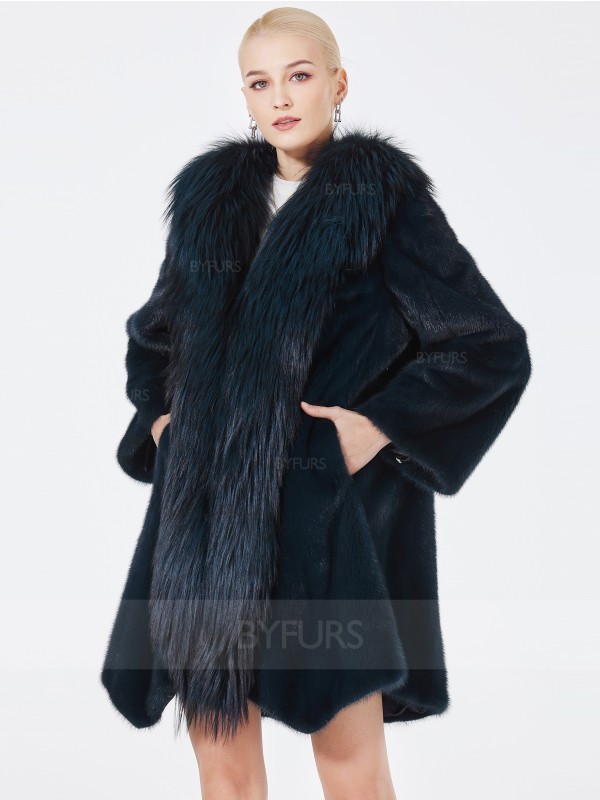 Knee Length Mink Fur Women Coat with Fox Fur Collar