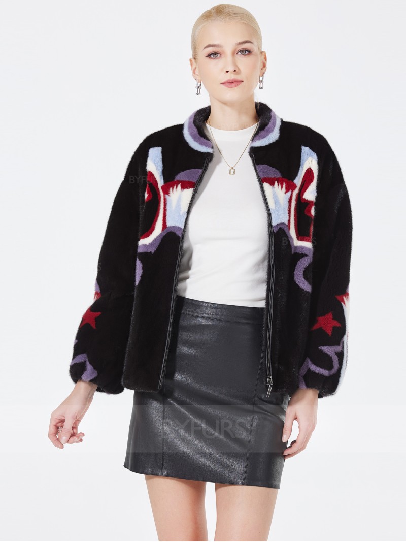 Cropped Length Real Mink Fur Black Jacket Female Coat Stand