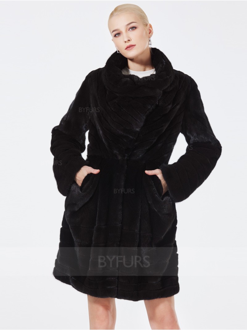 Mid-Length Real Mink Fur Coat Female Black Generous Collar with Pockets