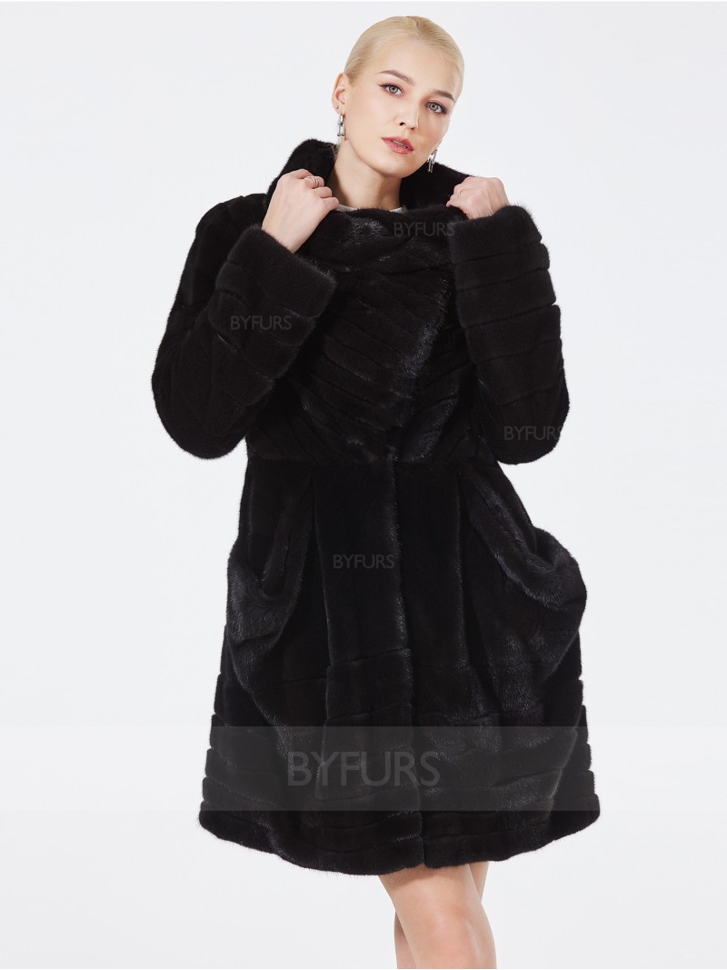Mid-Length Real Mink Fur Coat Female Black Generous Collar with Pockets