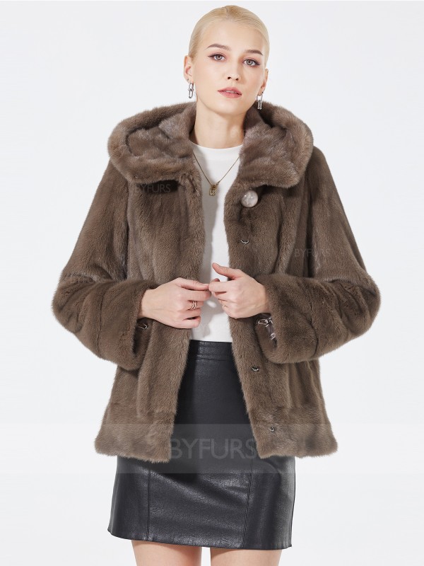 Knee Length Real Mink Fur Coat Adjustable Length with Hood
