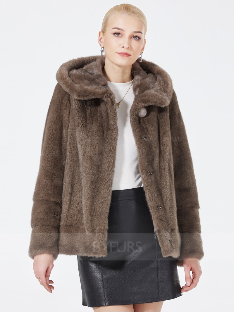 Knee Length Real Mink Fur Coat Adjustable Length with Hood