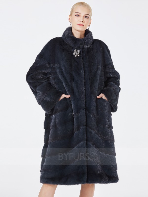 Knee Length Real Mink Fur Coat Female with Pockets Corsage