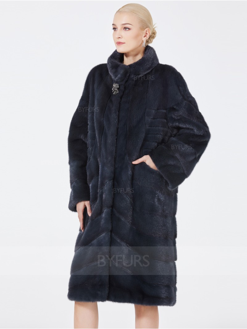 Knee Length Real Mink Fur Coat Female with Pockets Corsage