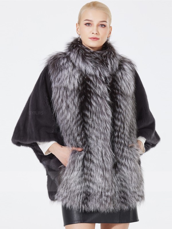 Cropped Length Mink Fur Jacket Gray Stand Collar with Fox Fur Collar