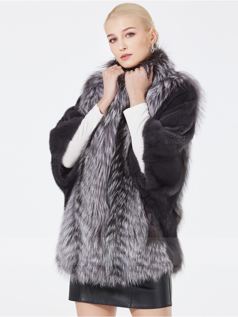 Cropped Length Mink Fur Jacket Gray Stand Collar with Fox Fur Collar