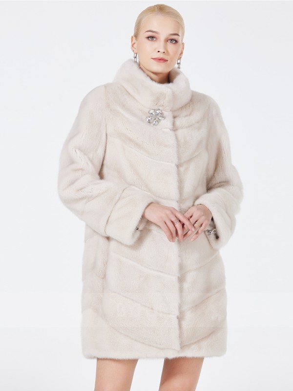 Mid-Length Mink Fur Coat Honey Color Stand Collar with Corsage
