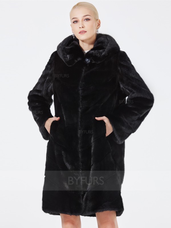 Knee Length Women Black Real Mink Fur Coat with Hood Pockets