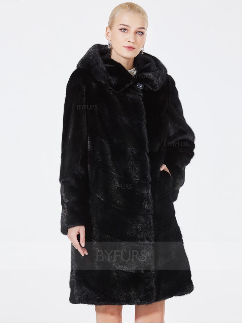 Knee Length Women Black Real Mink Fur Coat with Hood Pockets
