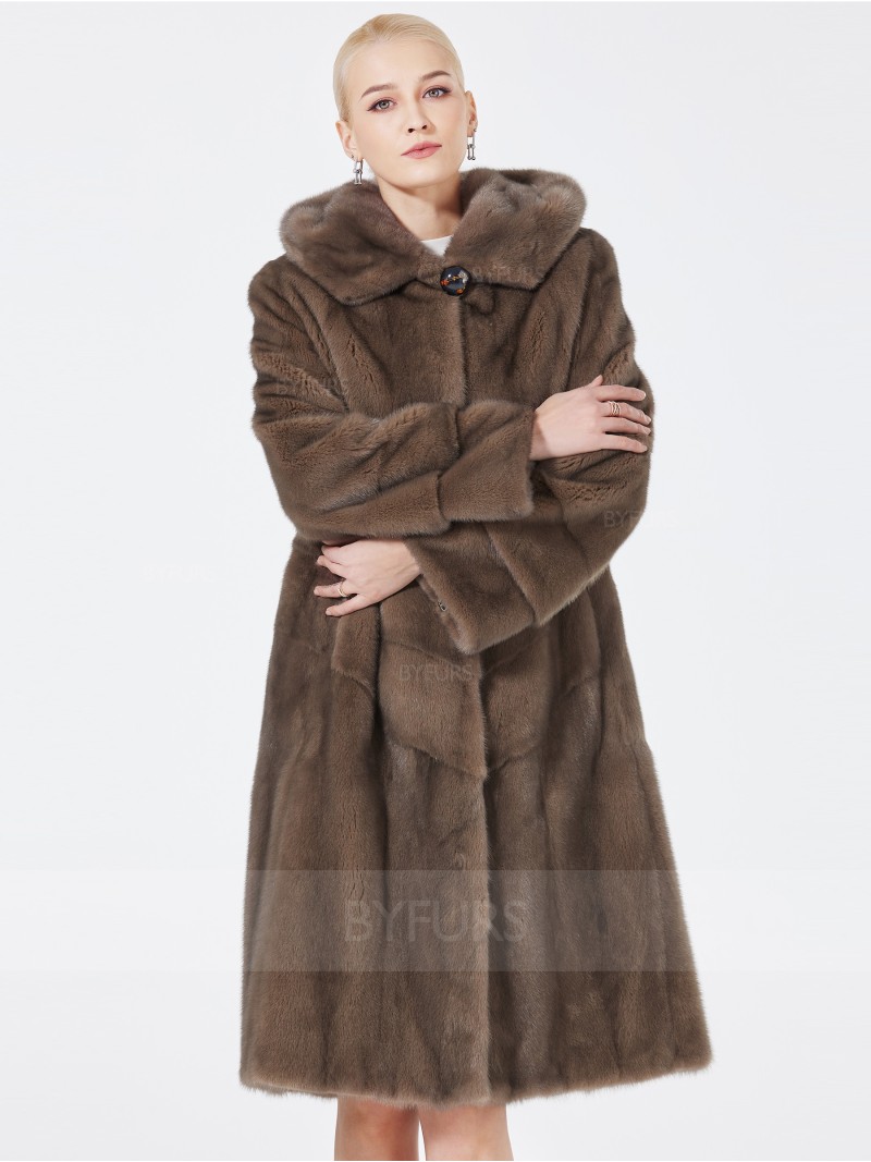 Knee Length Real Mink Fur Coat Female with Hood
