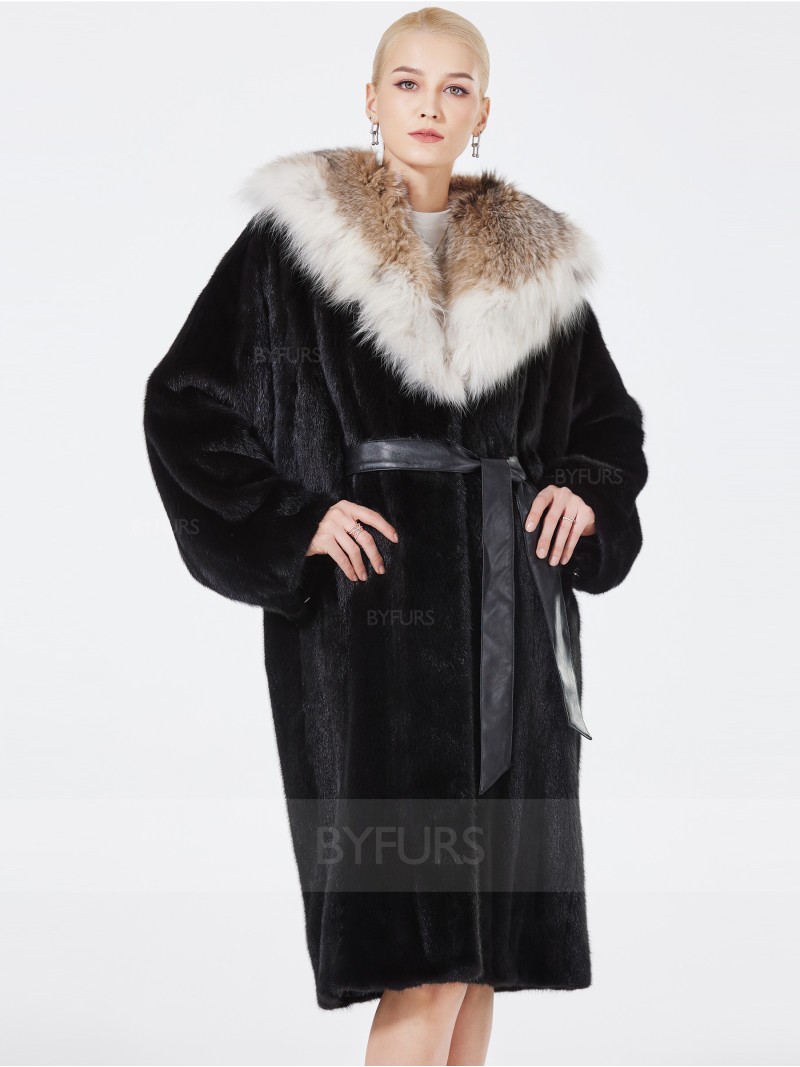 Knee Length Real Mink Fur Coat Female Black with Lynx Shawl Hat